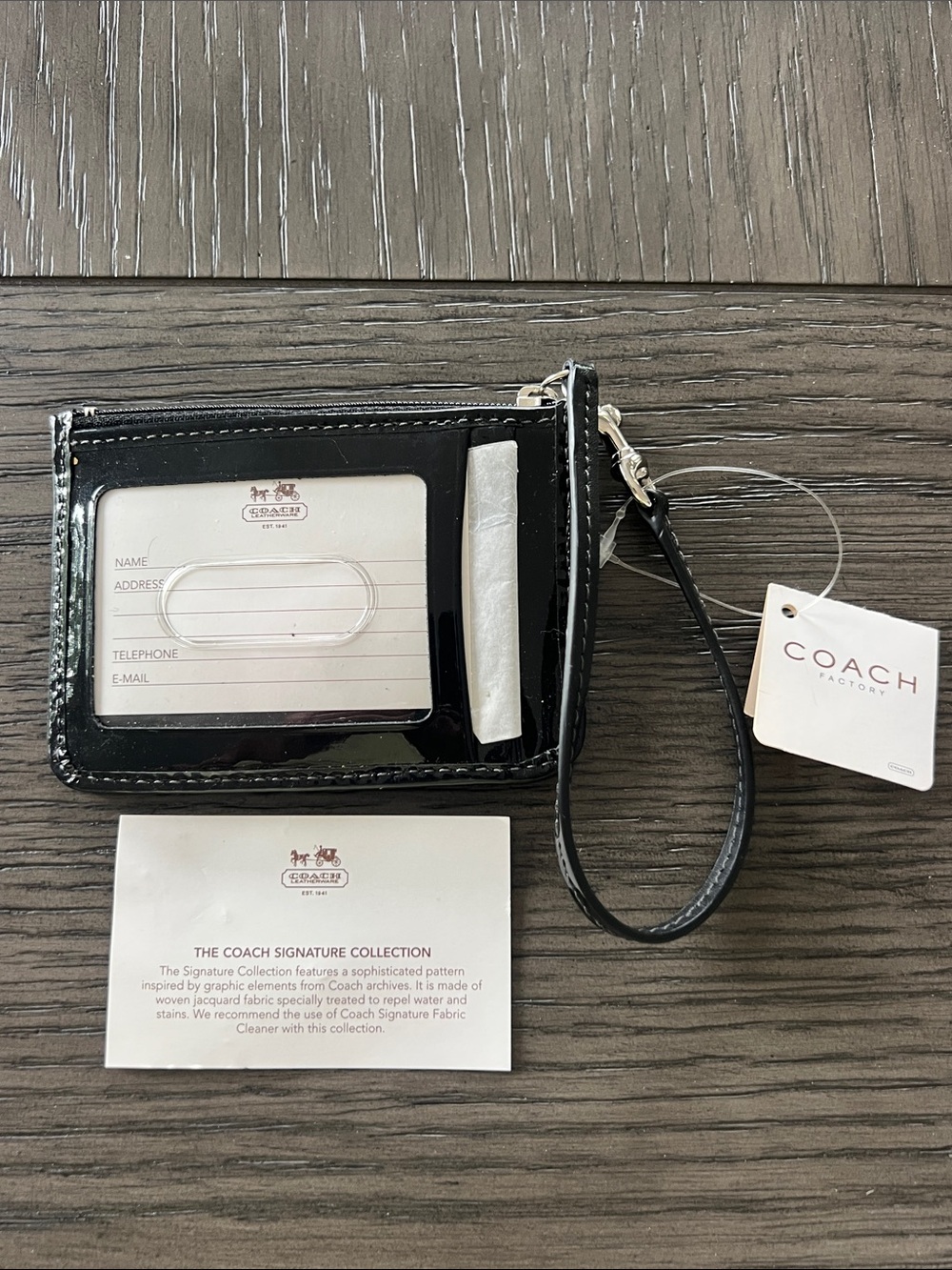 Coach Black Patent Leather ID Wristlet with Wrist Strap